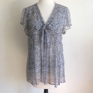 Joie Blue White Dot Tie Neck Sheer 100% Silk Chiffon Flutter Sleeve Blouse